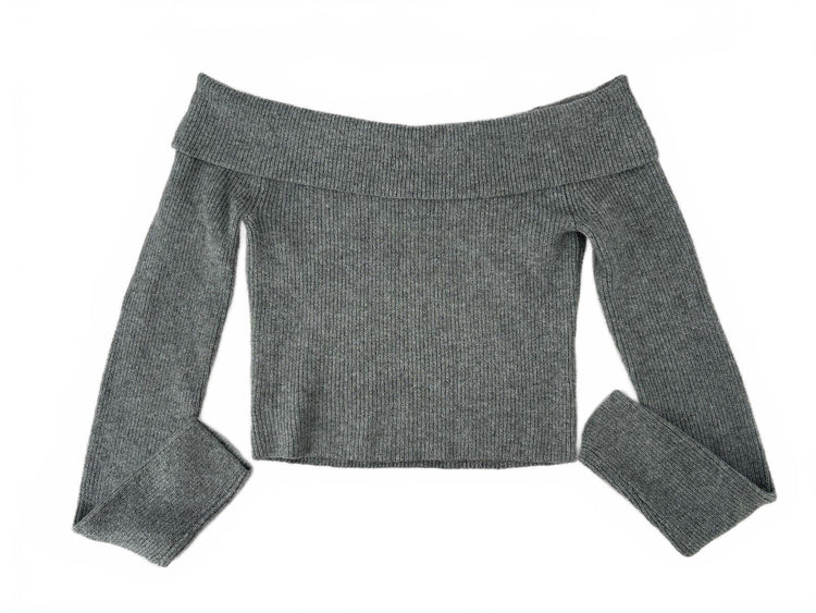 American Eagle Grey Ribbed Off Shoulder Sweater Y2K Cozy Knit L