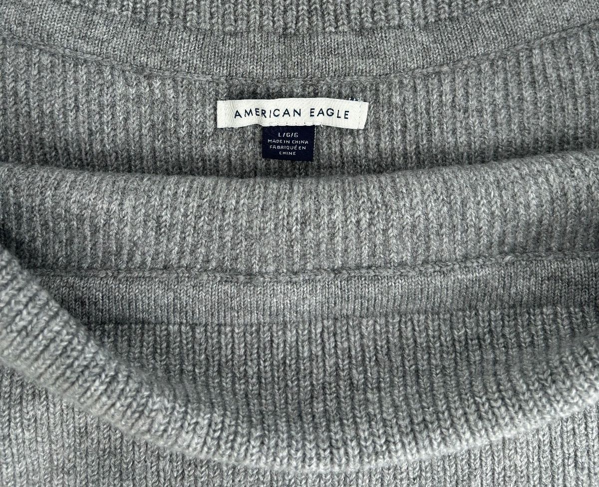 American Eagle Grey Ribbed Off Shoulder Sweater Y2K Cozy Knit L