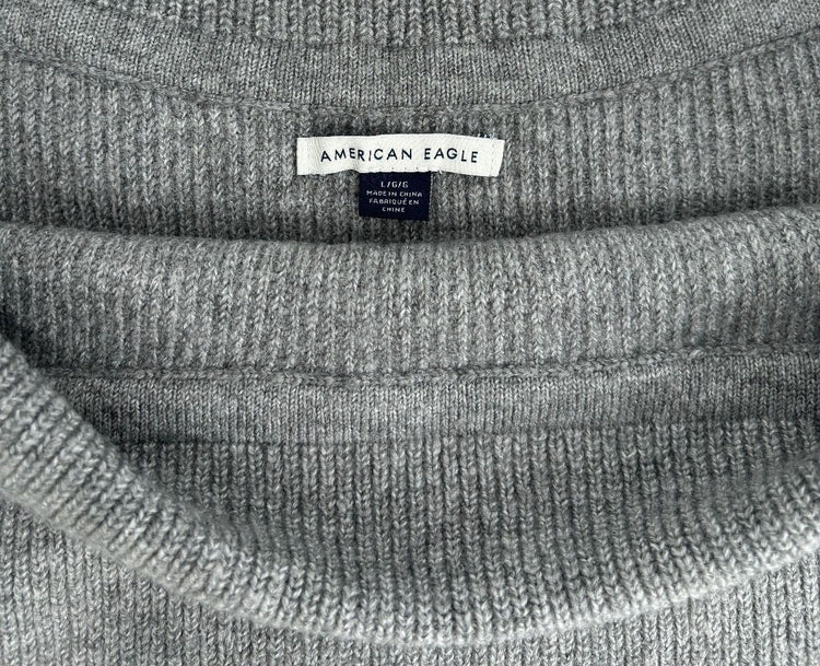 American Eagle Grey Ribbed Off Shoulder Sweater Y2K Cozy Knit L