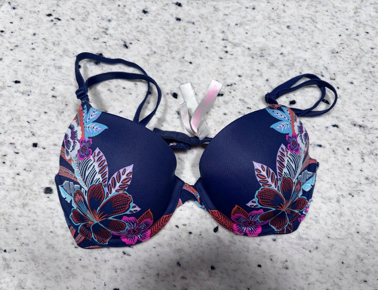 Navy Blue Floral Pattern Padded Bra with Adjustable Straps and Back Closure