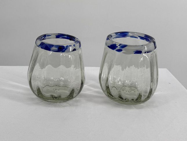 Set of 2 Handblown Glass Tumblers with Blue Accent Rim